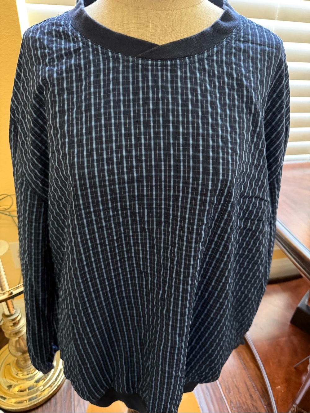 Vintage Men's Navy Blue Checked Long-Sleeve Shirt XLG
